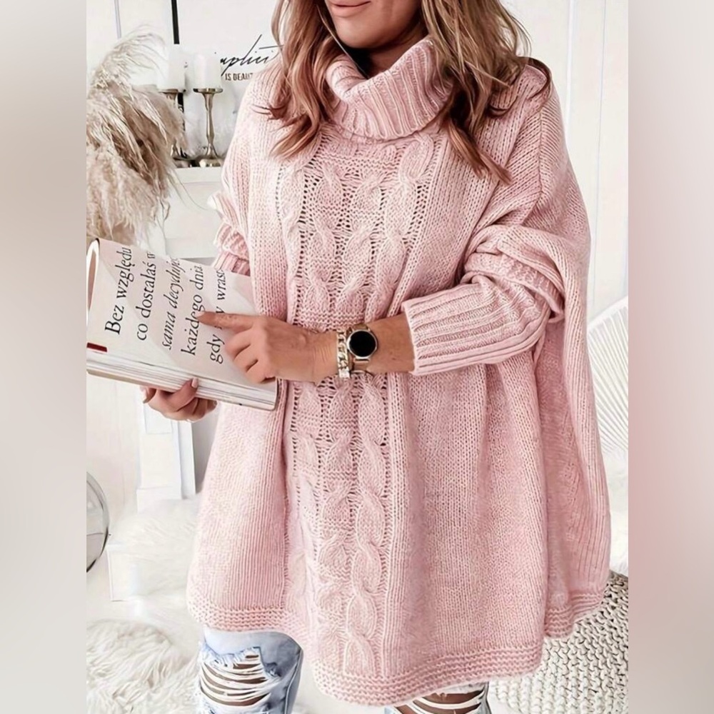 Plus Size Casual Loose Cowl Mock Turtleneck Knit Pullover Sweater Pink